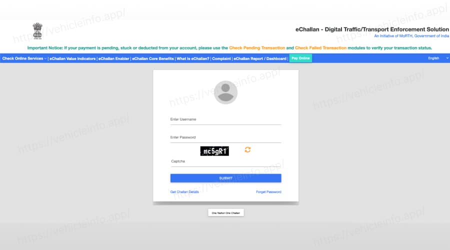 MoRTH Parivahan challan payment portal